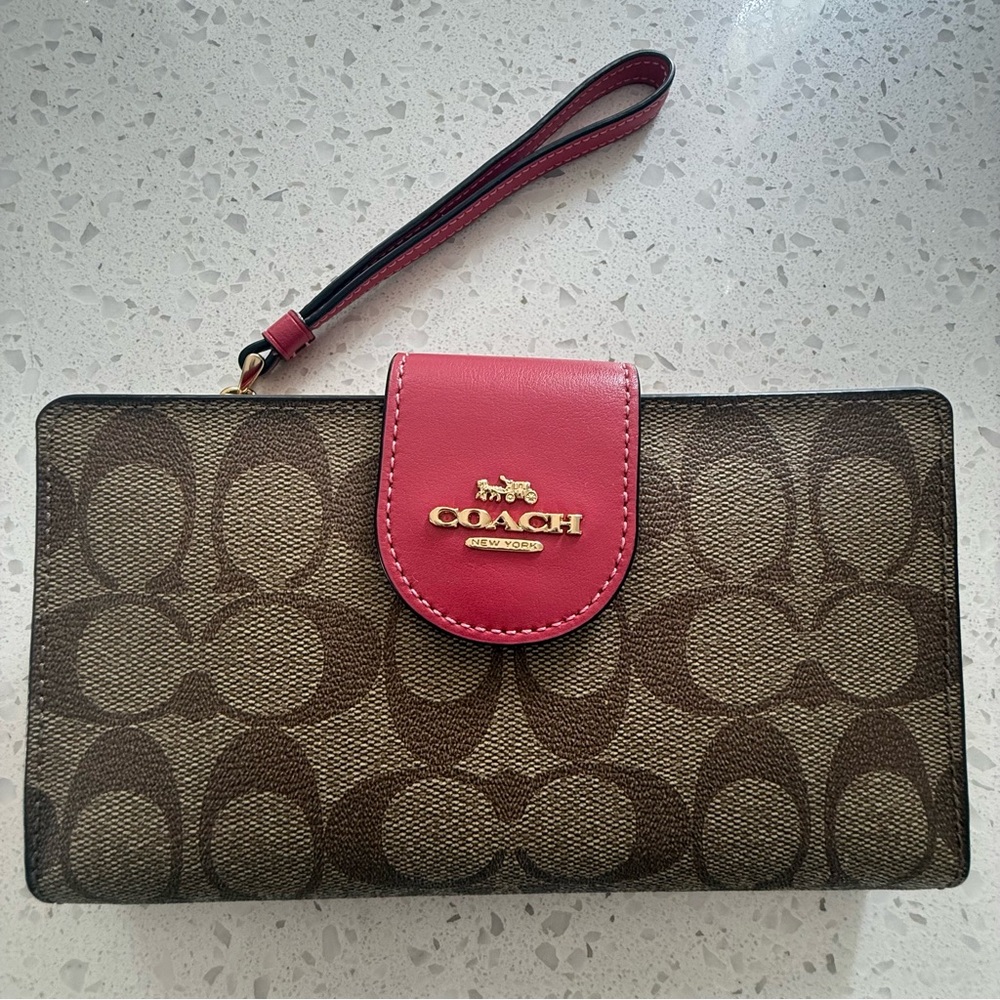 Coach Signature Brown and Pink Phone Wristlet